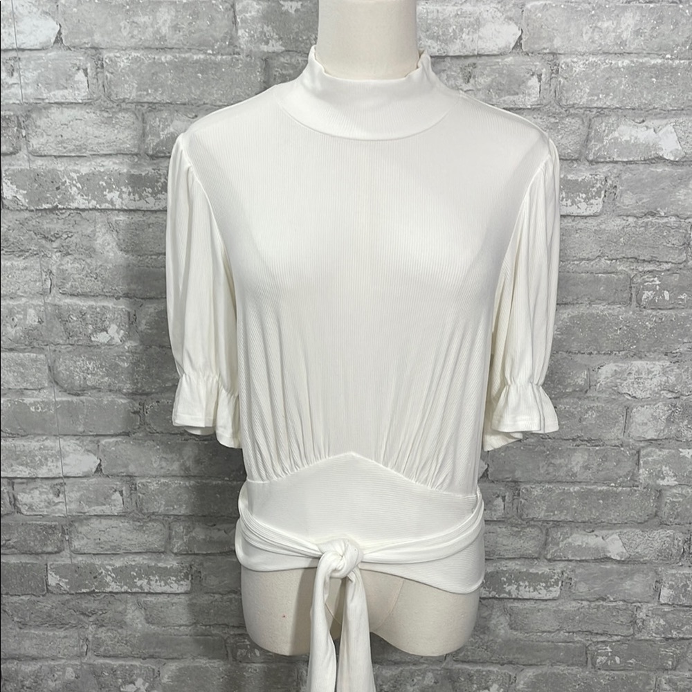 Listicle White Puff Sleeve Ribbed
Top with Tie